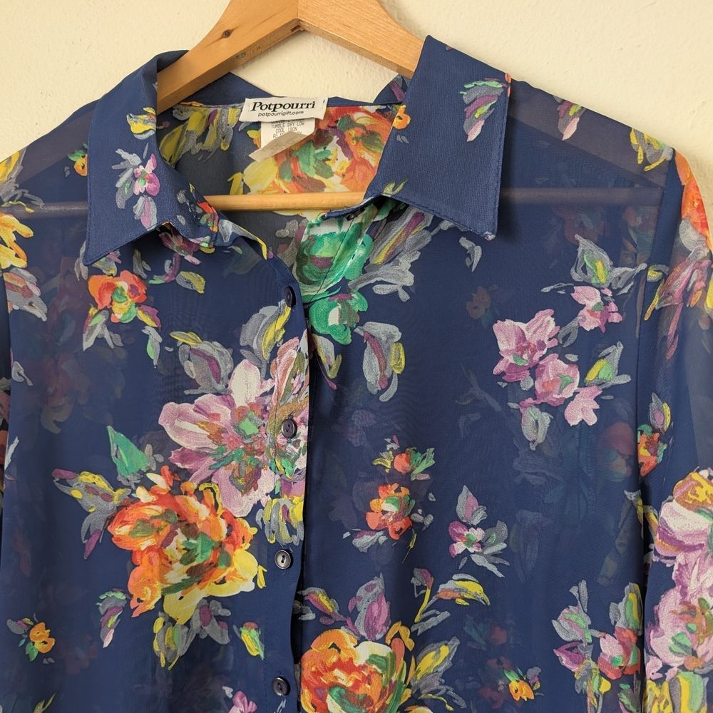 Sheer Floral Long Sleeve Button-Front Blouse, Blue, Womens Large